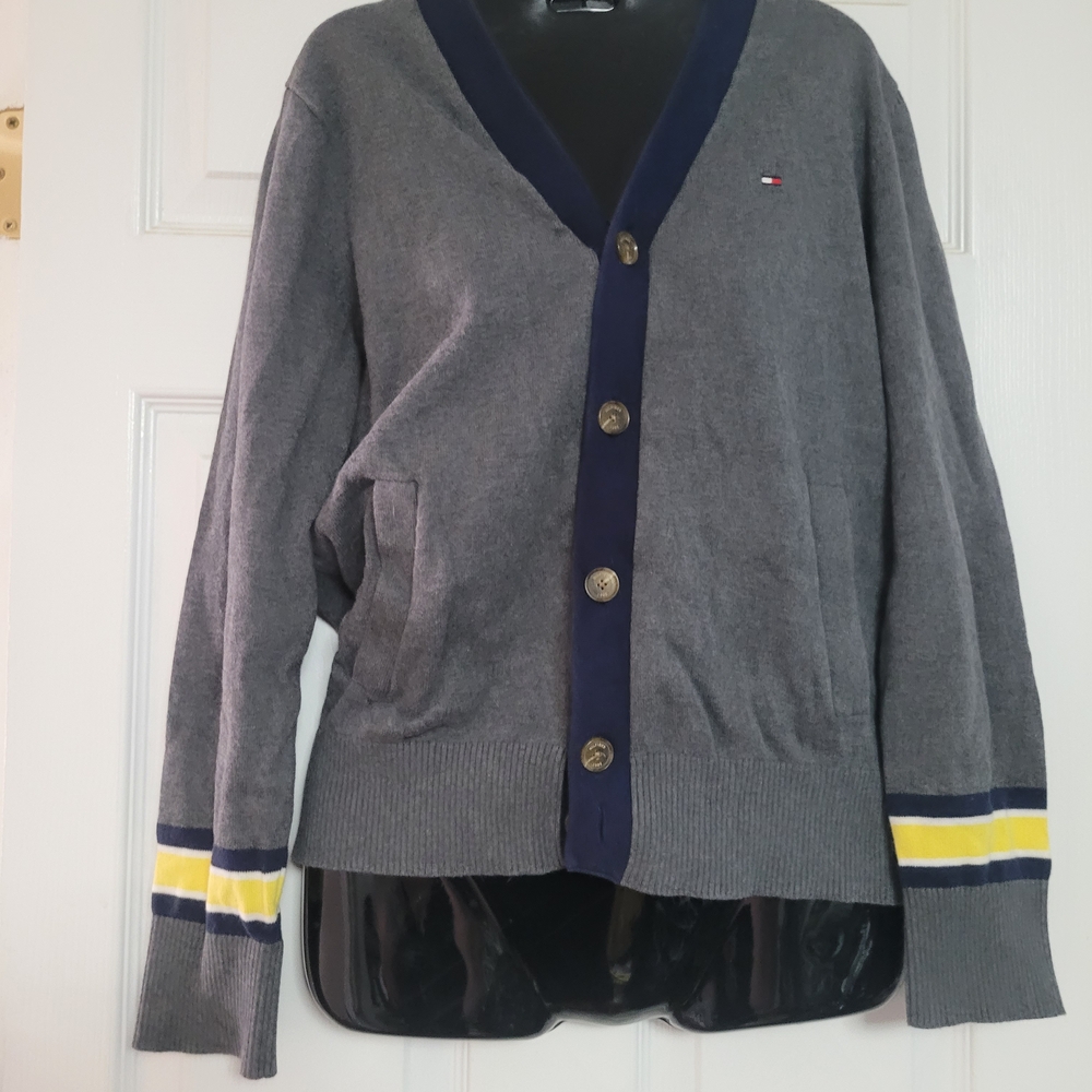 Gray Cardigan with Navy Trim and Yellow Stripes